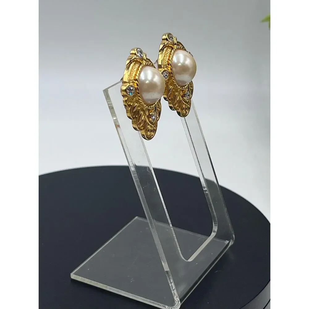 Vintage KJL for Avon "Renaissance Collection" Faux‎ Pearl Clip On Earrings - Picture 5 of 15